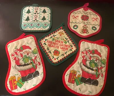 Vintage LOT Of 5 Christmas SANTA BEAR ANGLE Themed Pot Holders Wall Decor • $19.91