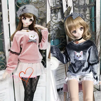 1/4 1/3 BJD Clothes Gray / Pink Velvet Sweater Velour Long Sleeve Top Cute Cat • $25.96