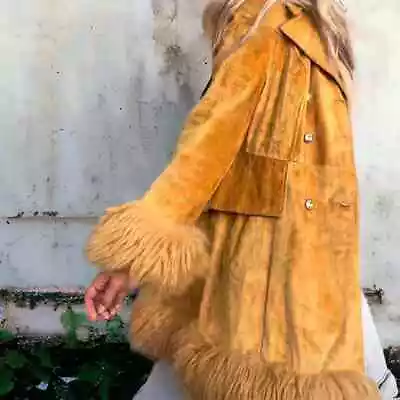 Penny Lane Vintage 1970s Gold Velvet Double Breasted Trench Coat W/Faux Fur Mod  • $315