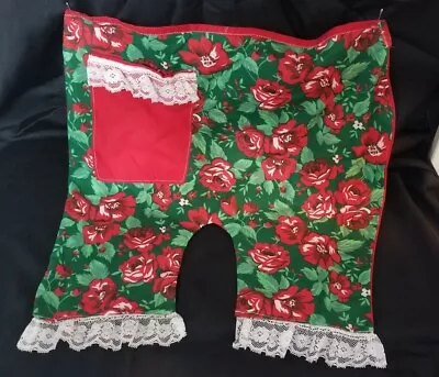 Mrs. Clause Christmas Bloomer Waist Apron W/pocket & Lace Red Roses Green Leaf • $9.99