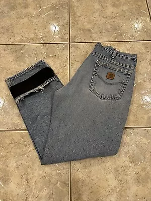 Mens 35X30 Carhartt B155 Fleece Lined Denim Blue Jeans Pants Relaxed Straight • $19.99