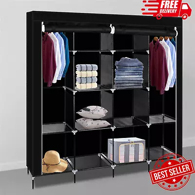 Portable Closet Fabric Wardrobe Canvas Storage Organizer W Clothes Hanging Rail • £11.95