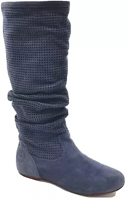 Ladies UGG Abilene Knee Boot 7.5 / 38.5 Blue Perforated Suede Pull Up Flat Shoes • $38