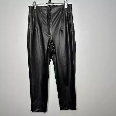 Zara Faux Leather Trousers Size Large W30 L26 High Rise Black Barrel Tapered Leg • £20