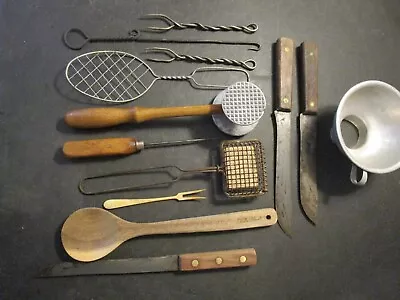 12 Vintage Kitchen Tools Utensils HAND MADE FORKS CARBON STEEL KNIVES & MORE • $34.99