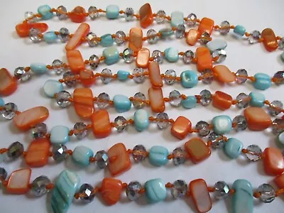 Vintage 48 Inch  WATERMELON CRYSTAL Orange Blue MOTHER OF PEARL Beaded Necklace • $16.99