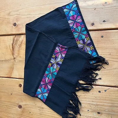 Maya Mexican Chiapas Black Rectangle Embroidered Table Runner Long Scarf 11x50In • $15