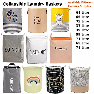 Collapsible Laundry Basket Large Washing Dirty Clothes Storage Bag Cotton Fabric • £13.89