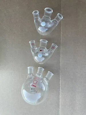 $99.99 • Buy Three Round Bottom Triple 3 Flask 50ml 250ml Neck Kontes Glassware Glass 19/22 