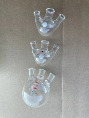 $99.99 • Buy Three Round Bottom Triple 3 Flask 50ml 250ml Neck Kontes Glassware Glass 19/22 