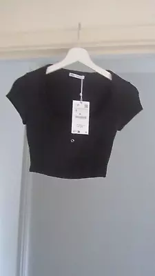 $10.37 • Buy Bnwt Zara Black Popper Neck Crop Top Uk S £15.99 1131/325/800