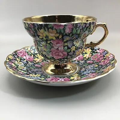 Vntg ROSINA Black Floral Chintz Tea Cup & Saucer #5333A Bone China England NICE • $39