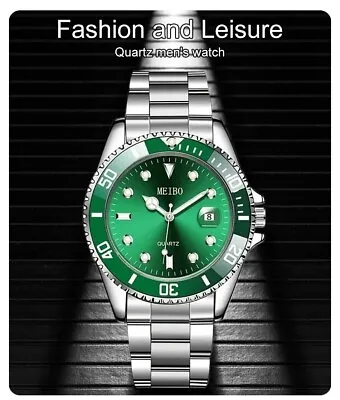 Green Dial Silver Strap Rolex Style Submariner Quartz Men Women Unisex Watch • £11.99