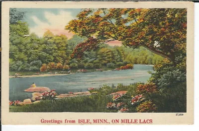 $15 • Buy CE-437 MN, Isle, Lake Mille Lacs Greetings From Linen Postcard Stream Scene