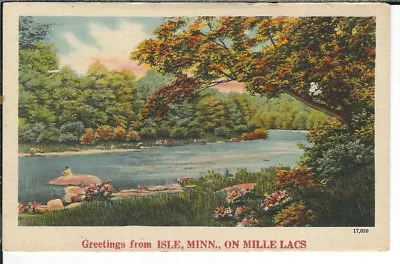 CE-437 MN Isle Lake Mille Lacs Greetings From Linen Postcard Stream Scene • $15