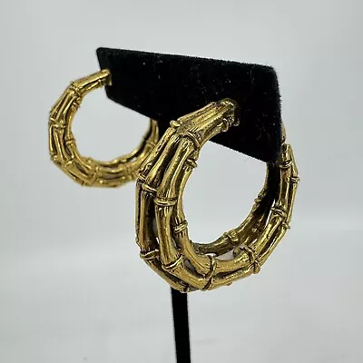 VTG Large Statement  Gold Tone 5 Row Bamboo Hoop Earrings Textured Chunky 1.25” • $19.99