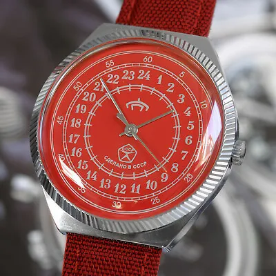 Raketa 24 Hour Watch Red Hand Wound Single Piece NOS Soviet Union Cccp • $330.48