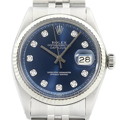 Rolex Mens Datejust 18K White Gold & Stainless Steel Blue Diamond Dial Watch • $4095