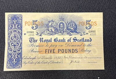 1952 The Royal Bank Of Scotland Five Pounds Large Banknote - Au Condition • $20