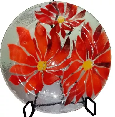 VTG Fused Art Glass Plate Red Flowers Blooms Florals Signed St Luke USA • $38.99