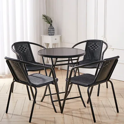 Foldable Patio Table And Chairs Set Round Small Glass Coffee Table Garden Black • £139.95