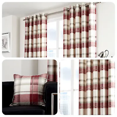 Fusion BALMORAL CHECK Ruby Red Tartan 100% Cotton Eyelet Curtains & Cushions • £39.95