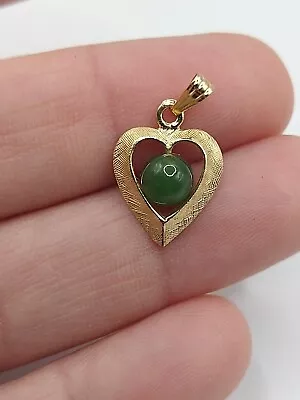 14K Yellow Gold Heart Shaped Jade Pendant Vintage  • $48