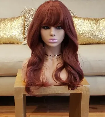 US 24inch Cosplay Wig With Bangs Women Synthetic Hair Fashion Daily Use Wine Red • $64