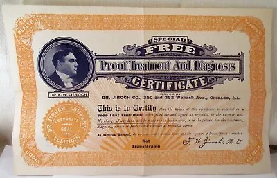 Vtg EARLY 1900s DR JIROCH PROOF TREATMENT & DIAGNOSIS FREE CERTIFICATE QUACKERY • $12.49