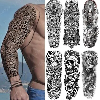 Arm Sleeve Tattoo Snake Owl Bear Maori Waterproof Temporary Tattoo Sticker Skull • £11.26