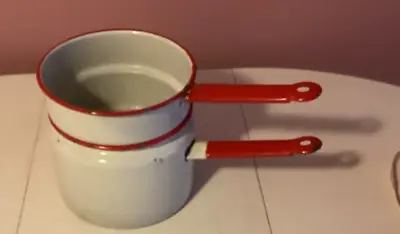 Lot Of 2 Vintage White Enamelware Pots Red Trim • $14