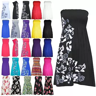 Womens Ladies Floral Boobtube Gathered Sheering Top Sheering Bandeau Swing Dress • £3.39