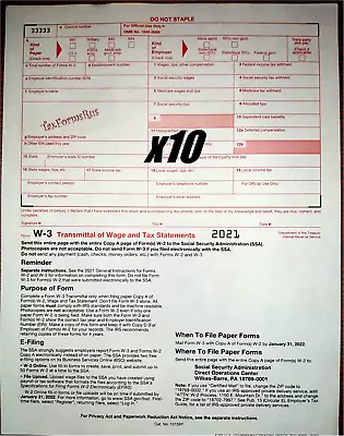 10-pack -- 2021 IRS Tax Form W-3 Transmittals ONLY (for Sending W2s To SSA) • $12.95