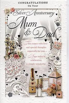 Silver 25th Wedding Anniversary Card For Mum And Dad  Size 28cm X 19cm • £3.99