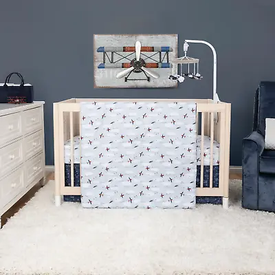 NEW Baby BOY AIRPLANES SKY CLOUDS BLUE RED GRAY 3Piece Crib Bedding Set • $79.99