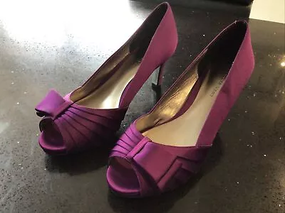 Jacques Vert Magenta Silk Peep Toe Shoes Size 39/6 With 3” Heel Vgc • £25