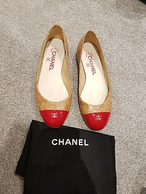 100% Genuine Chanel Flats Ballerina Shoes Camel Beige Cork Red Toecap 36 UK 3 • £220