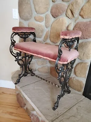 Antique Ornate Cast Iron Upholstered Fireside Bench Stool Piano - Duck Head Feet • $325