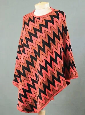 Missoni Made In Italy Wool Blend ZigZag Red Black Brown Poncho Shawl Sweater • $179