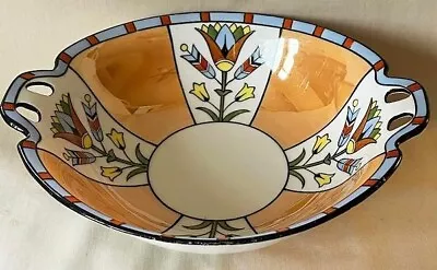 Noritake Art Deco Two Cut Out Handled Bowl Large Abstract Tulip Motif Tan Lustre • $24.95