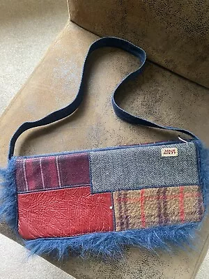 Vintage Y2K  Miss Sixty Denim Bag Tweed Tartan Fur Trim Blue Red Patchwork • £36