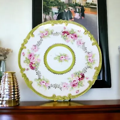 M & Z Vintage Austria Scalloped Edge With Green Rim & Pink Flowers 8 In. Plate • $14.99