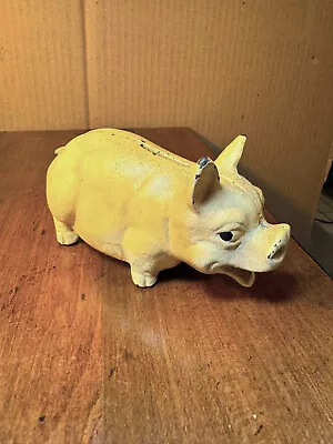 Vintage Cast Iron Yellow Two Piece Penny/Piggy Bank With Great Facial Expression • $9.99