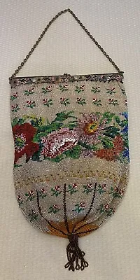 Victorian Antique Micro Beaded Bag Large Floral 4-Way Hinged Frame Sack Purse • $275