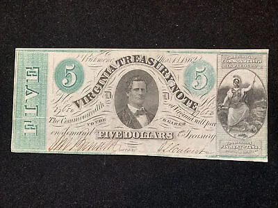 1862 $5 Five Dollar Virginia Treasury Banknote Confederate Paper Note • $59