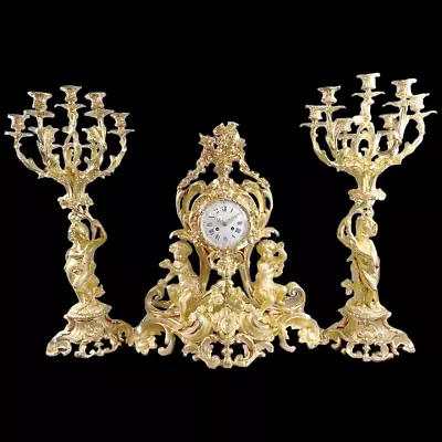 Magnificent 1840 French Louis XV Bronze Clock Set With Original Gold Leaf Finish • $32000