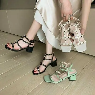 Lady Fashion Studs Ankle Strap Block Heel Beach Gladiator Sandals Shoes 595 • £29