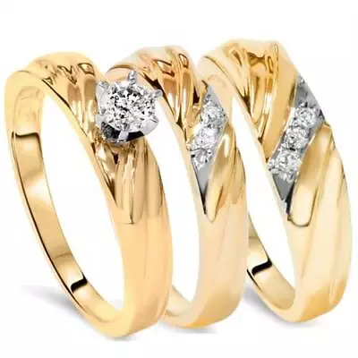 1/3ct Diamond Engagement Trio Wedding Band Set 14K Yellow Gold • $929.98