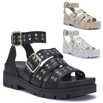 Womens Platform Chunky Sole Ladies Strappy Eyelet Gladiator Summer Sandals Shoes • £12.99