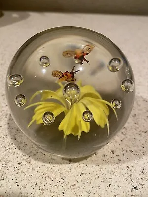 Murano Style Art Glass Handmade Paperweight Yellow Flowers & Insects • $28